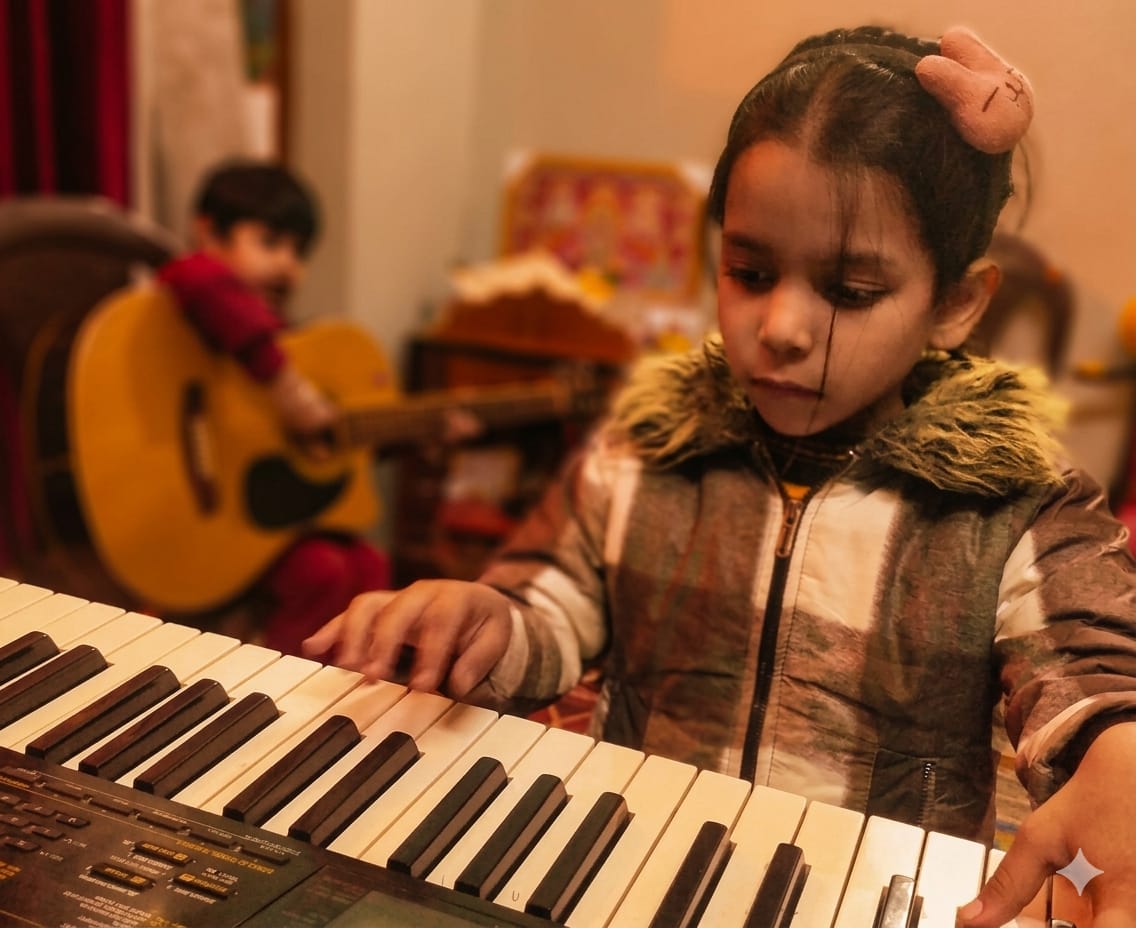 Young student learning keyboard at Natraj Sangeet Center